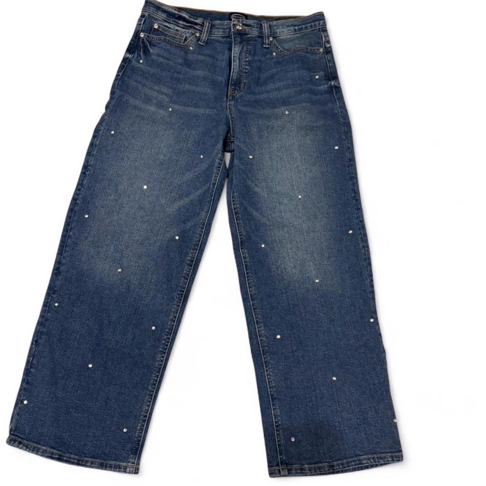 Straight-Leg Cropped Dark Blue Jeans with Rhinestone Accents